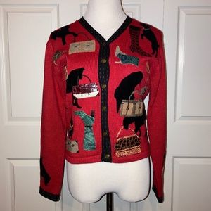 Susan Bristol Red Cardigan Sweater S Dogs and Handbags Vintage